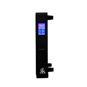 The Radiance60 red light panel with black frame full side view, close up of the control panel with flexible built in stand