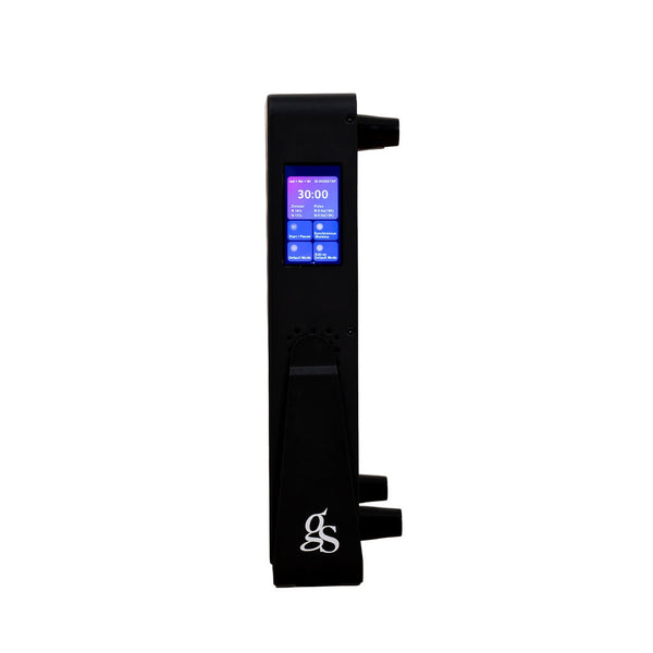The Radiance60 red light panel with black frame full side view, close up of the control panel with flexible built in stand