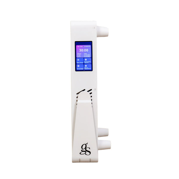 The Radiance60 red light panel with white frame full side view, close up of the control panel with flexible built in stand