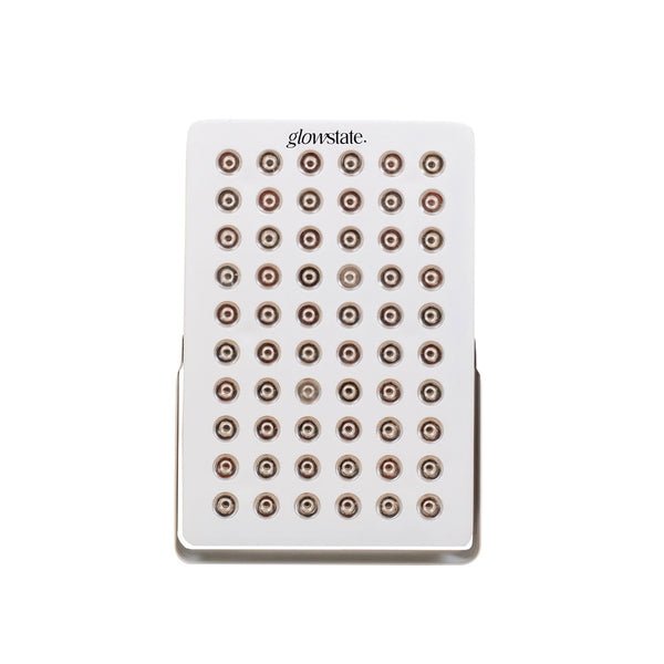 The Radiance60 red light panel has 12 wavelengths, 60 LEDs, showing the front view, white frame, flexi stand, desktop sized.