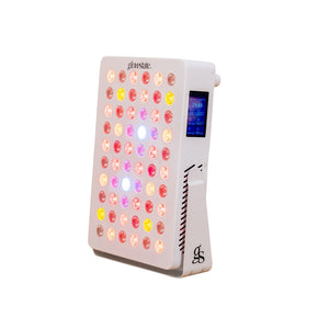 The Radiance60 red light panel has 12 wavelengths, touchscreen control with 60 LEDs glowing, white frame and desktop sized.