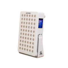 The Radiance60 red light panel has 12 wavelengths, touchscreen control with 60 LEDs, white frame, flexi stand, desktop sized.