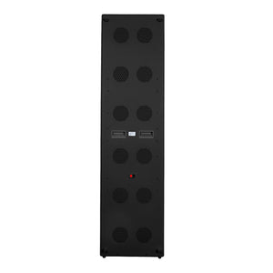 The Radiance960 red light panel showing back view, fan vents, main power switch, carry handle, black frame on mobile stand