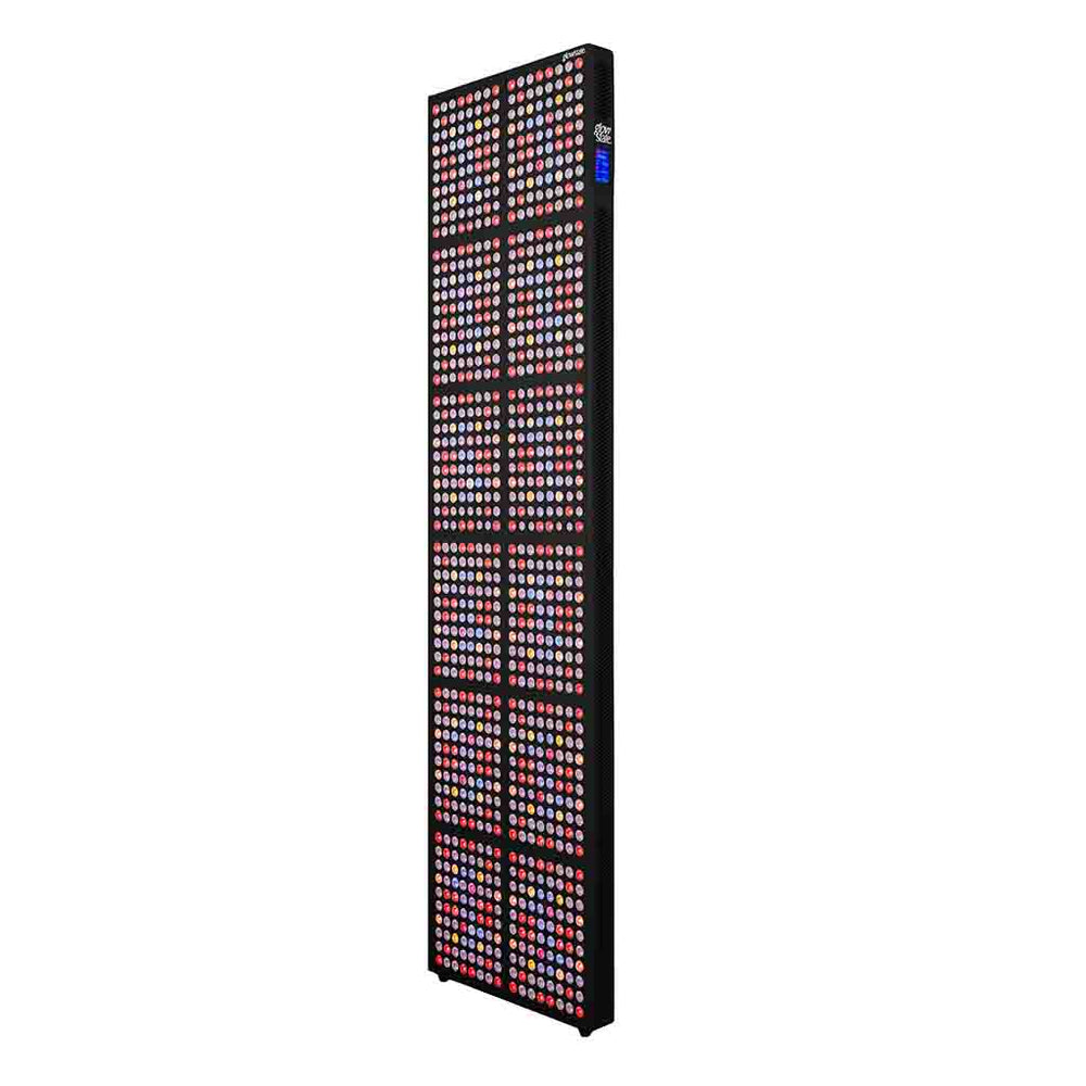 Radiance960 full body red light panel has 12 wavelengths, 960 LEDs, three quarter side view, black frame without stand.