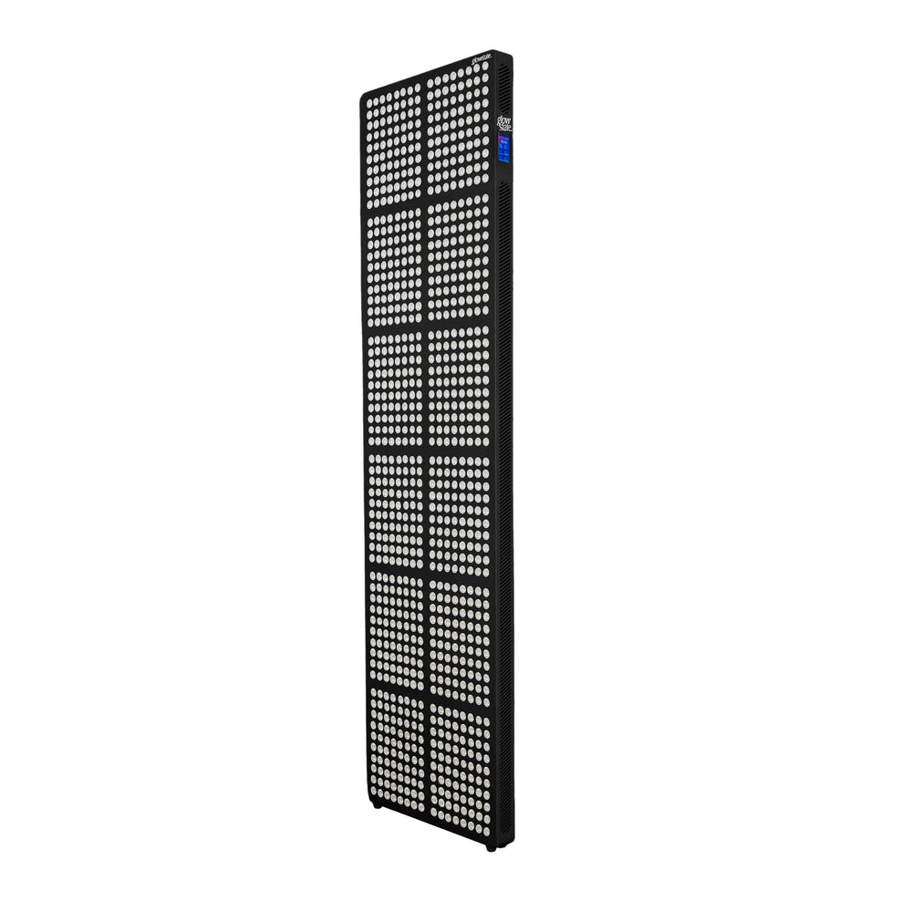 Radiance960 full body red light panel has 12 wavelengths, 960 LEDs, three quarter side view, black frame without stand.