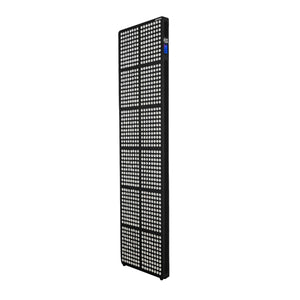 Radiance960 full body red light panel has 12 wavelengths, 960 LEDs, three quarter side view, black frame without stand.