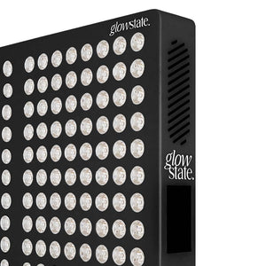The Radiance960 full body red light panel with black frame showing the close up of the touchscreen control panel and logos