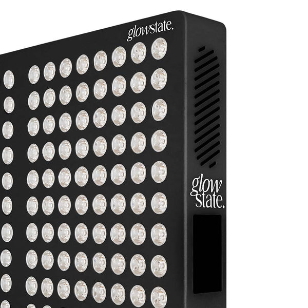 The Radiance960 full body red light panel with black frame showing the close up of the touchscreen control panel and logos
