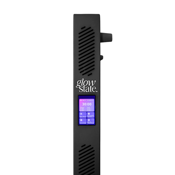 The Radiance960 full body red light panel with black frame showing the close up of the touchscreen control panel side view