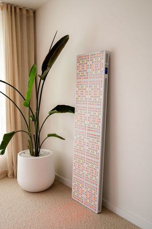 The Radiance960 full body red light panel against a wall in bedroom with palm tree, LEDs are shining.