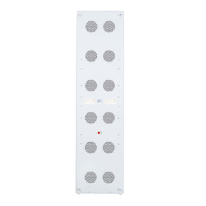 The Radiance960 red light panel showing back view, fan vents, main power switch, carry handle, white frame on mobile stand