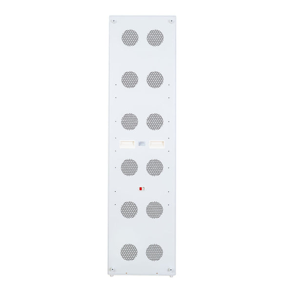 The Radiance960 red light panel showing back view, fan vents, main power switch, carry handle, white frame on mobile stand