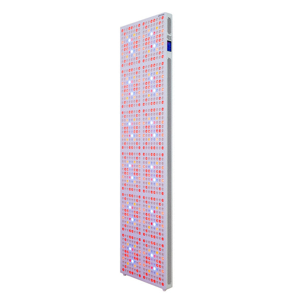 Radiance960 full body red light panel has 12 wavelengths, 960 LEDs, side view glowing LEDs, white frame.