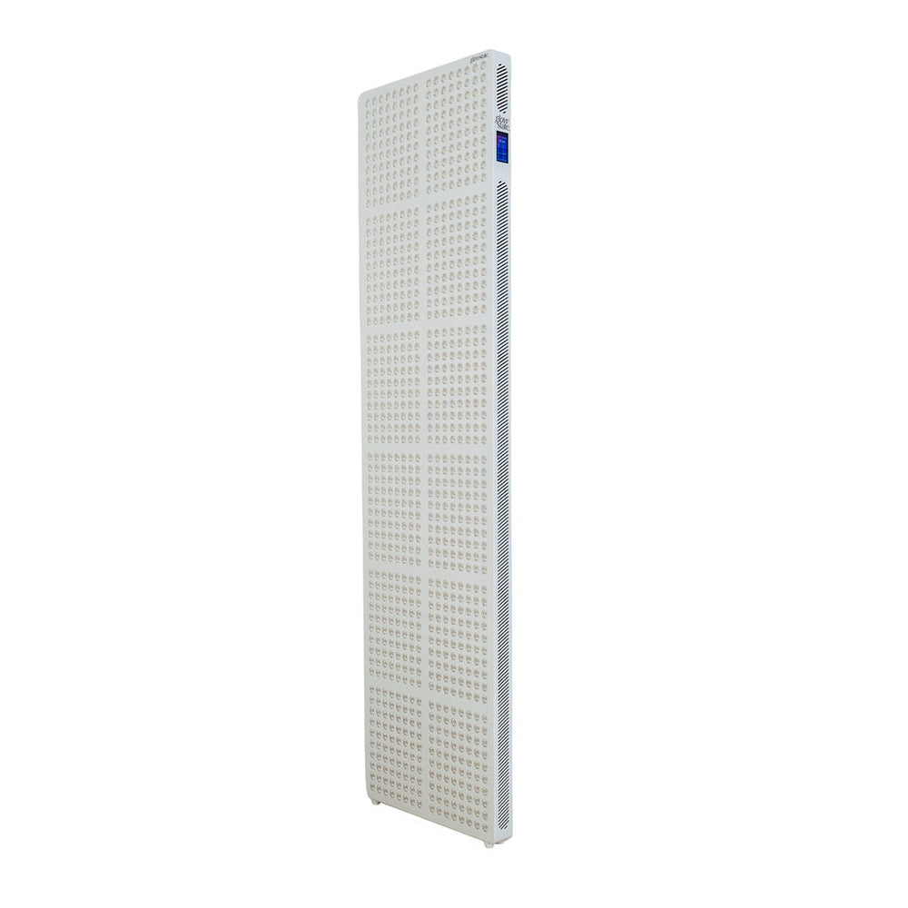 Radiance960 full body red light panel has 12 wavelengths, 960 LEDs, three quarter side view, white frame without stand.