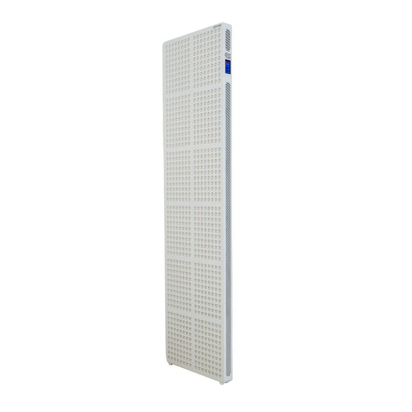Radiance960 full body red light panel has 12 wavelengths, 960 LEDs, three quarter side view, white frame without stand.