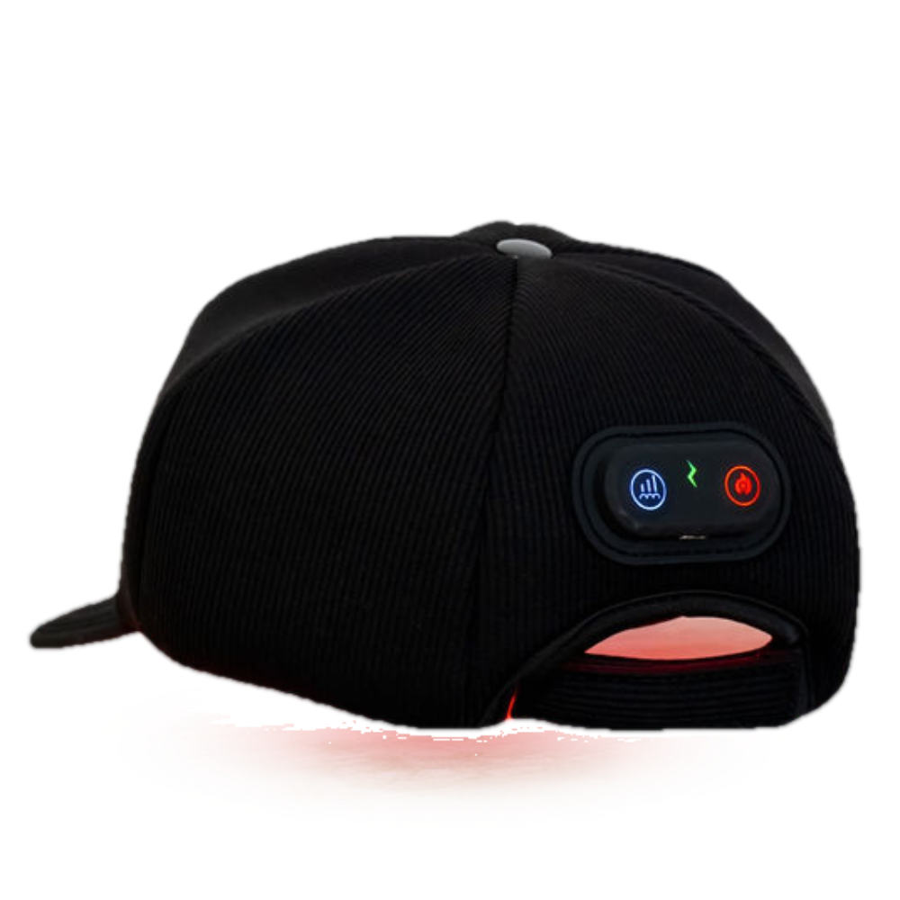 The Halo red light therapy cap side view with the LEDs on and a red glow underneath