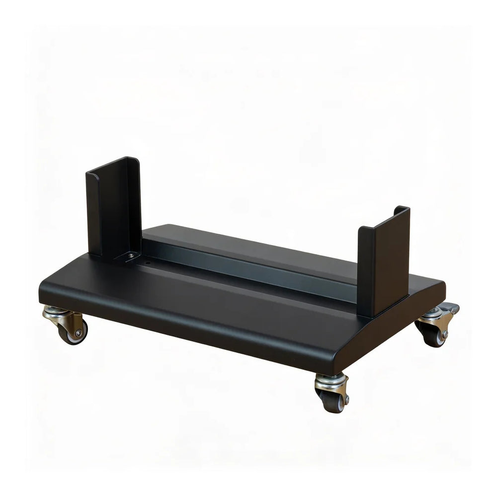 The Flow Horizon black stand side view with four wheels.