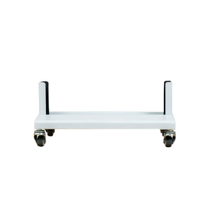 The Flow Horizon white stand front view with four wheels.