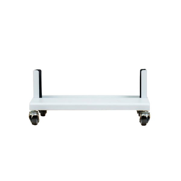 The Flow Horizon white stand front view with four wheels.